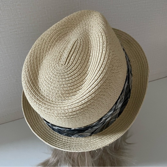 Mark Ecko Men’s Paper Straw Fedora, Navy Plaid Fabric Hat Band, size 23 … - Picture 3 of 8